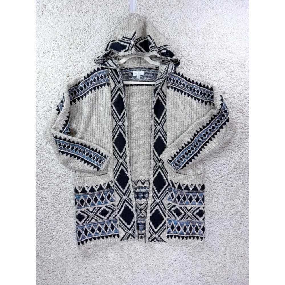 Lucky Brand Cardigan Women L Gray Blue Hooded Geometric Aztec Open Front Sweater